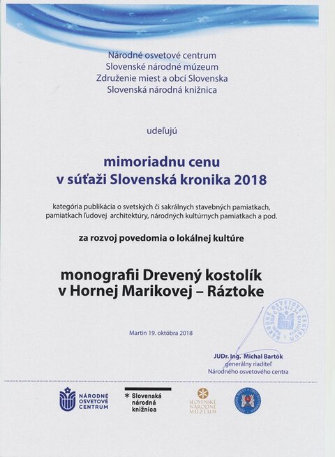 Ocenenie múzejnej publikácie o drevenom kostolíku Ocenenie múzejnej publikácie o drevenom kostolíku