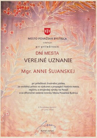 Verejné uznanie Mgr. Anne Šujanskej 